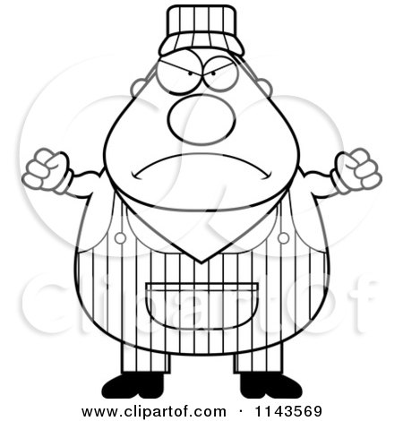 Cartoon Clipart Of A Black And White Mad Train Engineer - Vector Outlined Coloring Page by Cory Thoman
