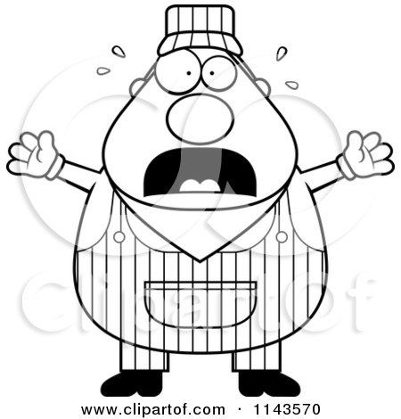 Cartoon Clipart Of A Black And White Scared Train Engineer - Vector Outlined Coloring Page by Cory Thoman