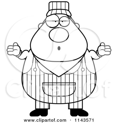 Cartoon Clipart Of A Black And White Shrugging Train Engineer - Vector Outlined Coloring Page by Cory Thoman
