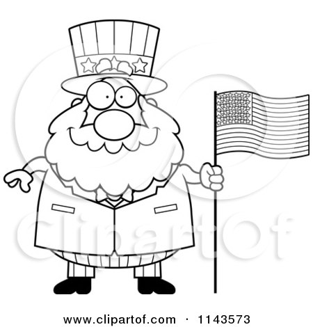 Cartoon Clipart Of A Black And White Chubby Uncle Sam With An American Flag - Vector Outlined Coloring Page by Cory Thoman