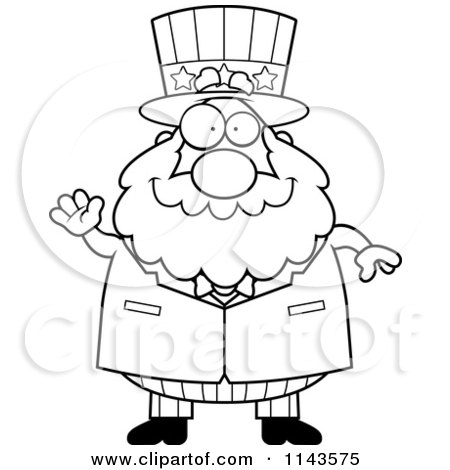 Cartoon Clipart Of A Black And White Chubby Uncle Sam Waving - Vector Outlined Coloring Page by Cory Thoman