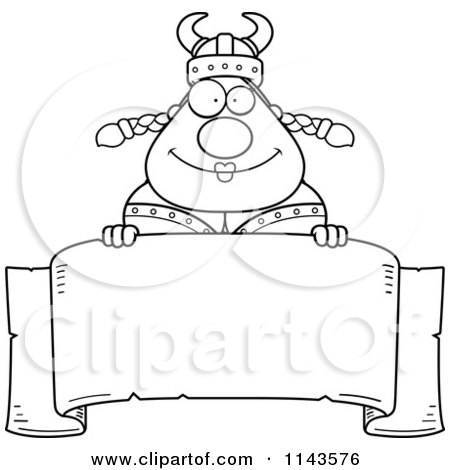 Cartoon Clipart Of A Black And White Chubby Female Viking Over A Banner - Vector Outlined Coloring Page by Cory Thoman