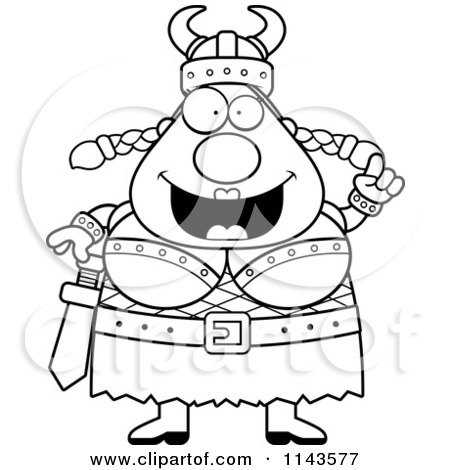 Cartoon Clipart Of A Black And White Chubby Female Viking With An Idea - Vector Outlined Coloring Page by Cory Thoman