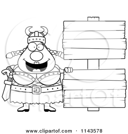 Cartoon Clipart Of A Black And White Chubby Female Viking With Signs - Vector Outlined Coloring Page by Cory Thoman