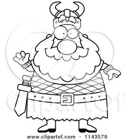 Cartoon Clipart Of A Black And White Chubby Viking Waving - Vector Outlined Coloring Page by Cory Thoman