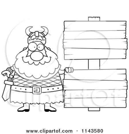 Cartoon Clipart Of A Black And White Chubby Viking With Signs - Vector Outlined Coloring Page by Cory Thoman