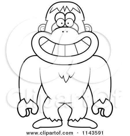 Cartoon Clipart Of A Black And White Smiling Bigfoot Sasquatch - Vector Outlined Coloring Page by Cory Thoman