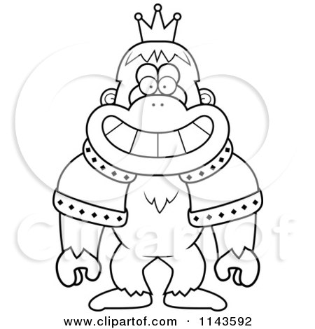 Cartoon Clipart Of A Black And White King Bigfoot Wearing A Crown And Robe - Vector Outlined Coloring Page by Cory Thoman