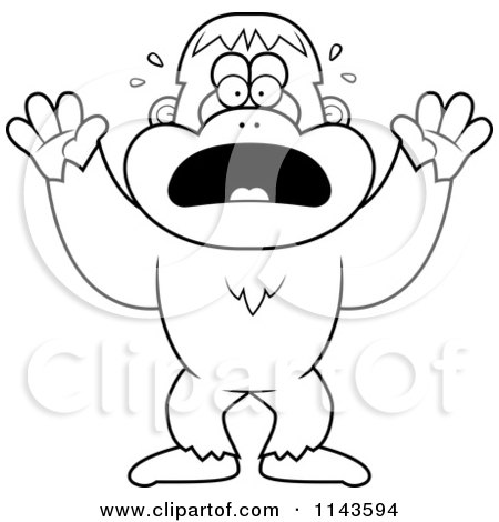 Cartoon Clipart Of A Black And White Frightened Bigfoot Sasquatch - Vector Outlined Coloring Page by Cory Thoman
