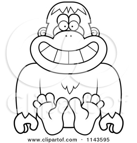 Cartoon Clipart Of A Black And White Sitting Bigfoot Sasquatch - Vector Outlined Coloring Page by Cory Thoman
