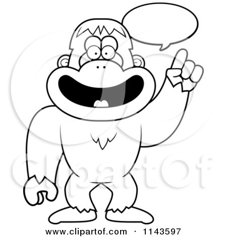 Cartoon Clipart Of A Black And White Smart Bigfoot Talking - Vector Outlined Coloring Page by Cory Thoman