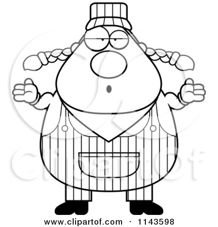 Cartoon Clipart Of A Black And White Shrugging Female Train Engineer - Vector Outlined Coloring Page by Cory Thoman