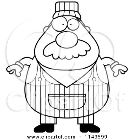 Cartoon Clipart Of A Black And White Train Engineer - Vector Outlined