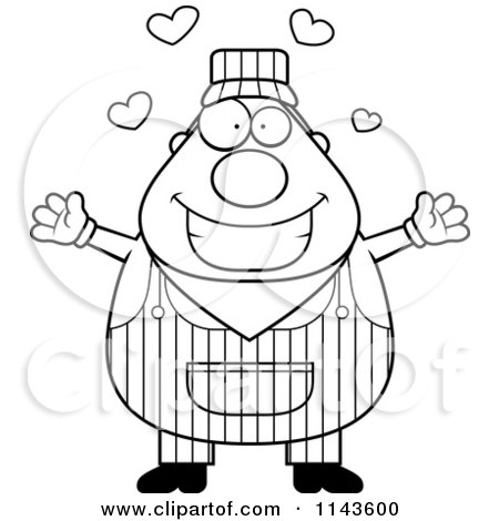 Cartoon Clipart Of A Black And White Loving Train Engineer - Vector Outlined Coloring Page by Cory Thoman