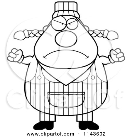 Cartoon Clipart Of A Black And White Mad Female Train Engineer - Vector Outlined Coloring Page by Cory Thoman