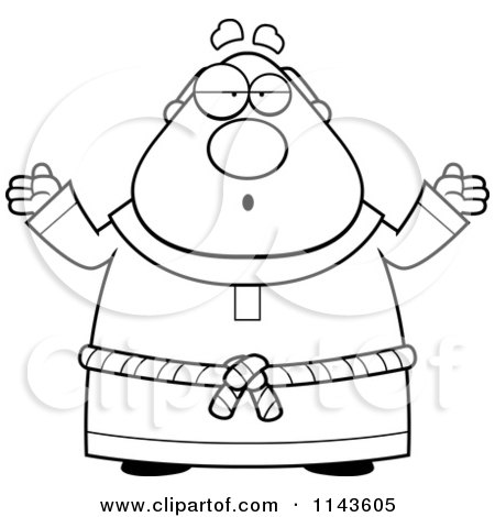 Cartoon Clipart Of A Black And White Shrugging Chubby Monk - Vector Outlined Coloring Page by Cory Thoman