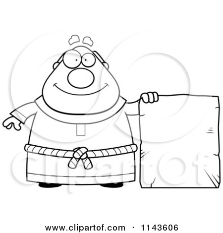 Cartoon Clipart Of A Black And White Chubby Monk With A Tablet - Vector Outlined Coloring Page by Cory Thoman