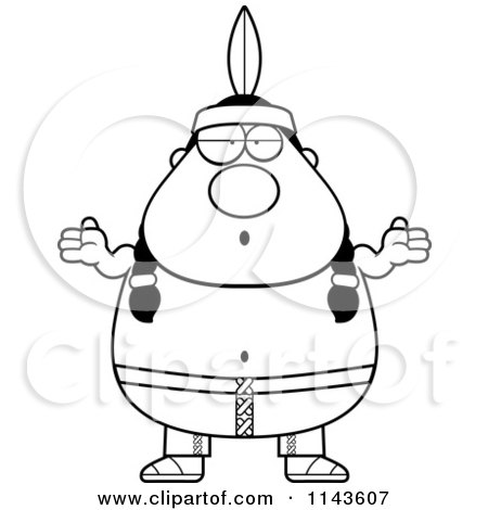 Cartoon Clipart Of A Black And White Chubby Native American Man Shrugging - Vector Outlined Coloring Page by Cory Thoman