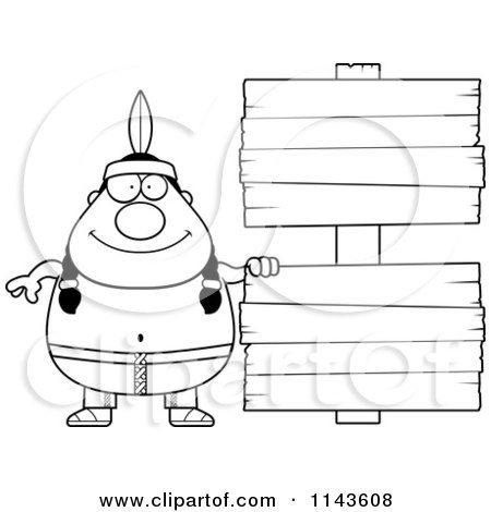 Cartoon Clipart Of A Black And White Chubby Native American Man With Wooden Signs - Vector Outlined Coloring Page by Cory Thoman
