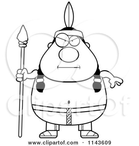 Cartoon Clipart Of A Black And White Chubby Native American Man With A Spear - Vector Outlined Coloring Page by Cory Thoman