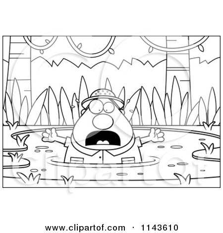 Cartoon Clipart Of A Black And White Chubby Explorer Drowning In Quick Sand - Vector Outlined Coloring Page by Cory Thoman