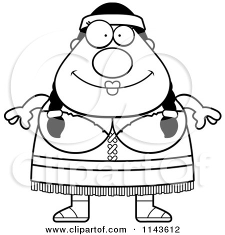 Cartoon Clipart Of A Black And White Chubby Native American Woman - Vector Outlined Coloring Page by Cory Thoman