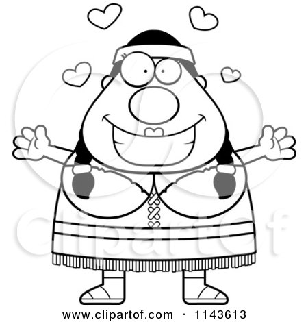 Cartoon Clipart Of A Black And White Chubby Native American Woman Hugging - Vector Outlined Coloring Page by Cory Thoman