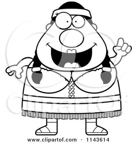 Cartoon Clipart Of A Black And White Chubby Native American Woman With An Idea - Vector Outlined Coloring Page by Cory Thoman