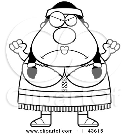 Cartoon Clipart Of A Black And White Chubby Native American Woman Waving Her Fists - Vector Outlined Coloring Page by Cory Thoman