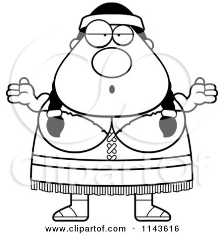 Cartoon Clipart Of A Black And White Chubby Native American Woman Shrugging - Vector Outlined Coloring Page by Cory Thoman