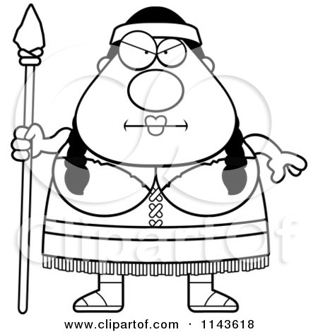 Cartoon Clipart Of A Black And White Chubby Native American Woman With A Spear - Vector Outlined Coloring Page by Cory Thoman