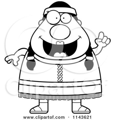 Cartoon Clipart Of A Black And White Chubby Native American Female With An Idea - Vector Outlined Coloring Page by Cory Thoman