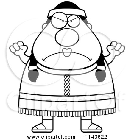 Cartoon Clipart Of A Black And White Chubby Native American Female Waving Her Fists - Vector Outlined Coloring Page by Cory Thoman