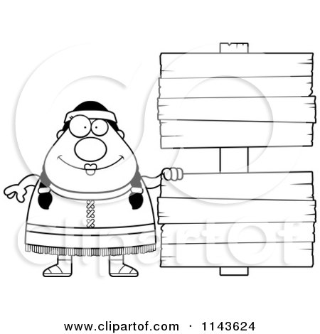 Cartoon Clipart Of A Black And White Chubby Native American Female With Wood Signs - Vector Outlined Coloring Page by Cory Thoman