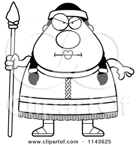 Cartoon Clipart Of A Black And White Chubby Native American Female With A Spear - Vector Outlined Coloring Page by Cory Thoman