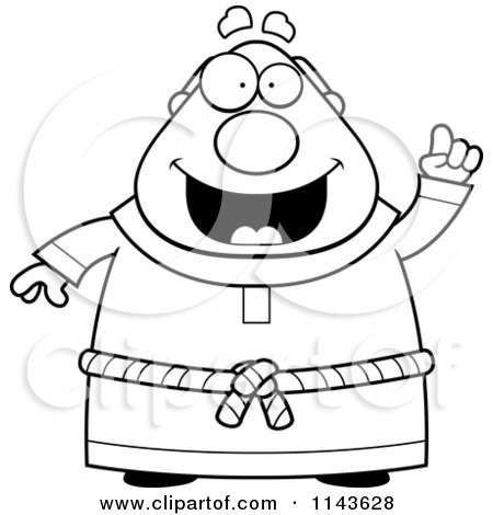 Cartoon Clipart Of A Black And White Chubby Monk With An Idea - Vector Outlined Coloring Page by Cory Thoman