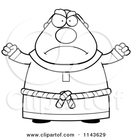 Cartoon Clipart Of A Black And White Angry Chubby Monk - Vector Outlined Coloring Page by Cory Thoman