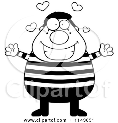 Cartoon Clipart Of A Black And White Sweet Chubby Mime With Open Arms And Hearts - Vector Outlined Coloring Page by Cory Thoman