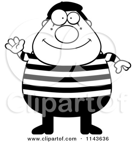 Cartoon Clipart Of A Black And White Chubby Mime Waving - Vector Outlined Coloring Page by Cory Thoman
