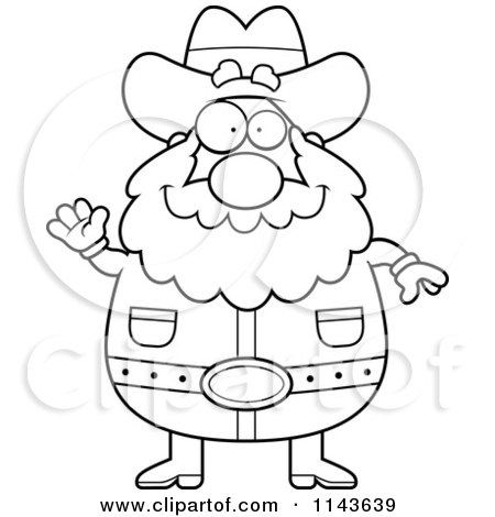 Cartoon Clipart Of A Black And White Chubby Miner Prospector Waving - Vector Outlined Coloring Page by Cory Thoman