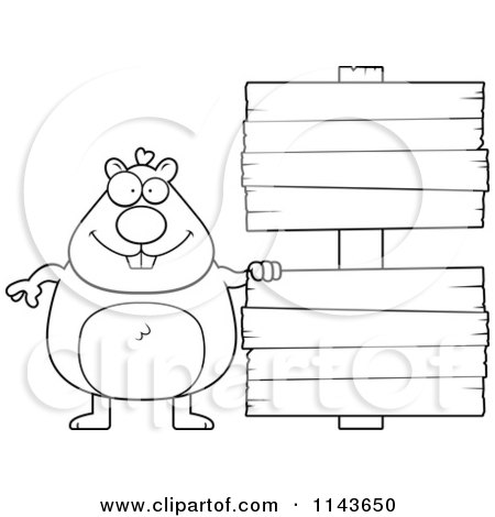 Cartoon Clipart Of A Black And White Hamster With Wood Signs - Vector Outlined Coloring Page by Cory Thoman