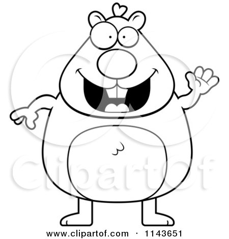 Cartoon Clipart Of A Black And White Waving Hamster - Vector Outlined Coloring Page by Cory Thoman