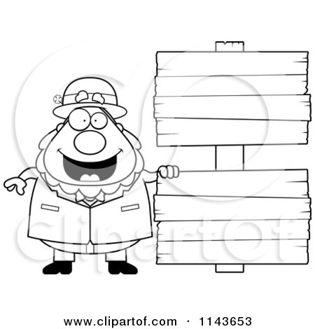 Cartoon Clipart Of A Black And White Irish Leprechaun Man With Signs - Vector Outlined Coloring Page by Cory Thoman