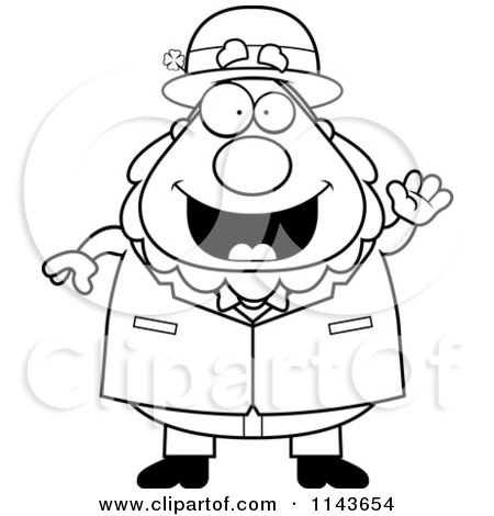 Cartoon Clipart Of A Black And White Waving Leprechaun - Vector Outlined Coloring Page by Cory Thoman