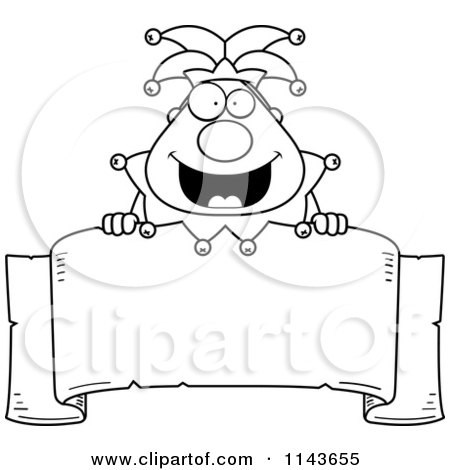 Cartoon Clipart Of A Black And White Chubby Jester Over A Banner - Vector Outlined Coloring Page by Cory Thoman