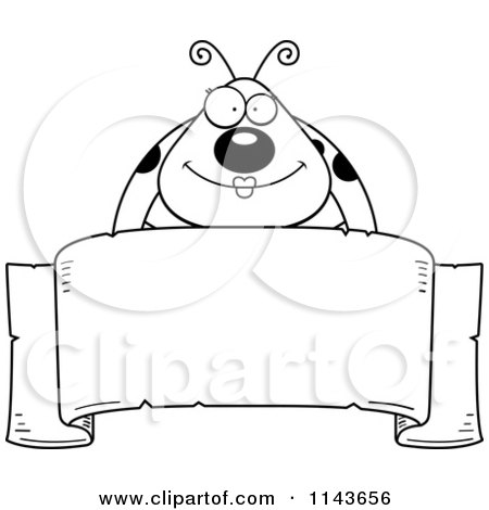 Cartoon Clipart Of A Black And White Happy Ladybug Over A Ribbon Banner - Vector Outlined Coloring Page by Cory Thoman