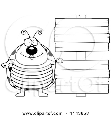 Cartoon Clipart Of A Black And White Happy Ladybug Beside Double Wooden Signs - Vector Outlined Coloring Page by Cory Thoman