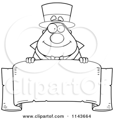 Cartoon Clipart Of A Black And White Chubby Magician Over A Blank Parchment Banner - Vector Outlined Coloring Page by Cory Thoman