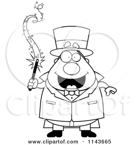 Cartoon Clipart Of A Black And White Chubby Magician Holding A Magic Wand - Vector Outlined Coloring Page by Cory Thoman