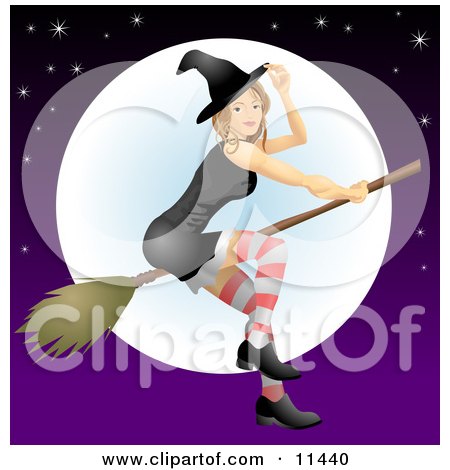 Young Witch Flying on a Broomstick in Front of the Moon Clipart Illustration by AtStockIllustration